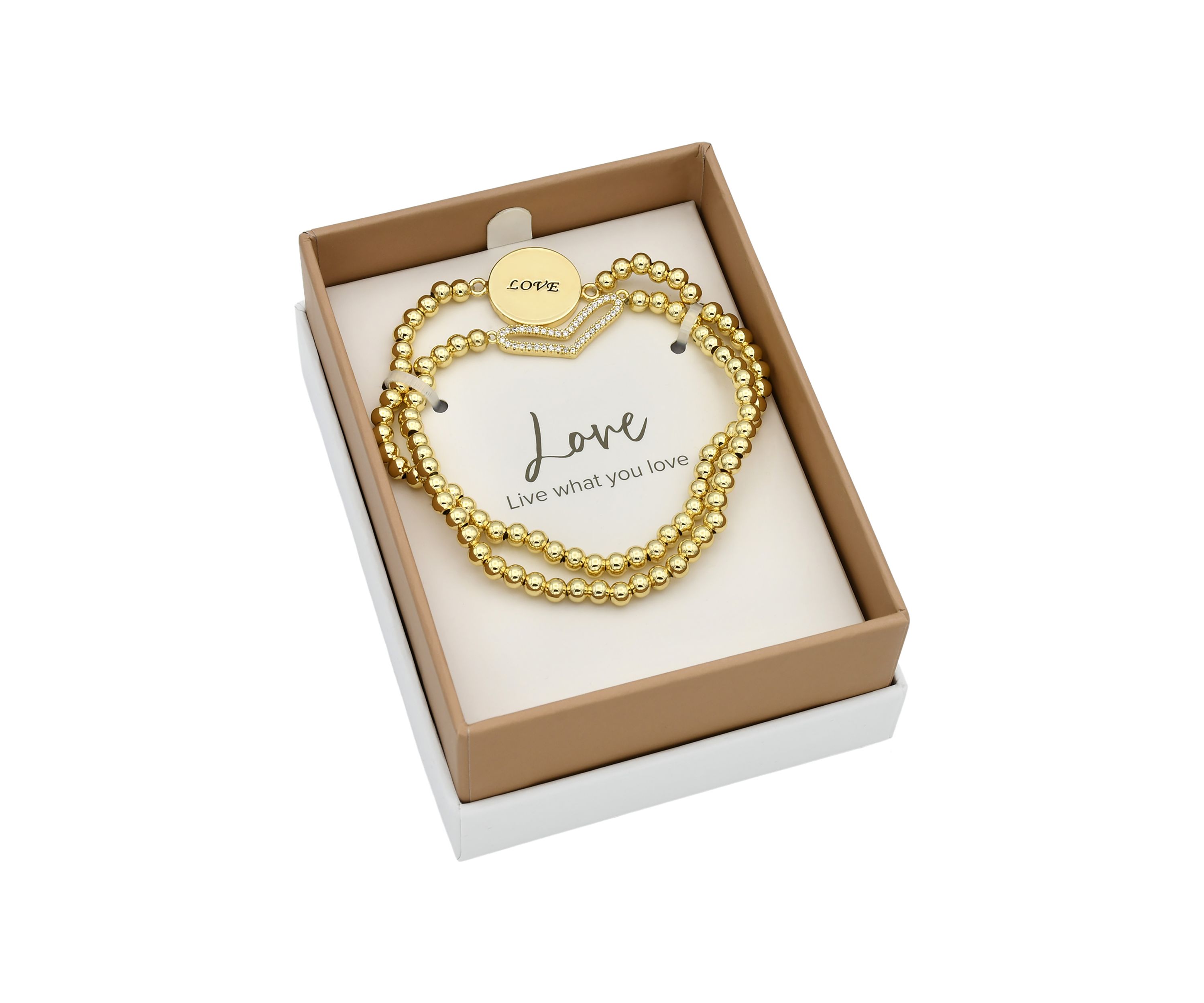 Lab Grown Gold Tone Pavé Cubic Zirconia Open Heart and Love Bracelet Duo Set