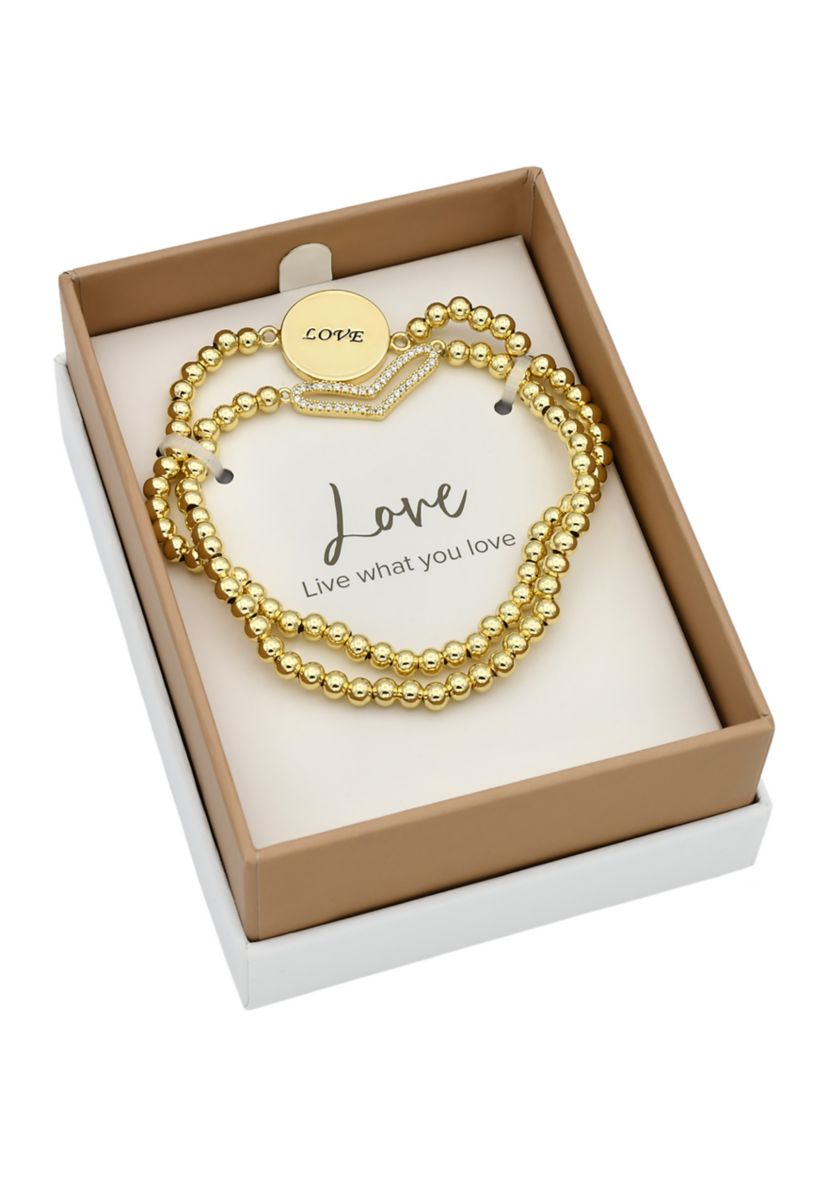 Lab Grown Gold Tone Pavé Cubic Zirconia Open Heart and Love Bracelet Duo Set