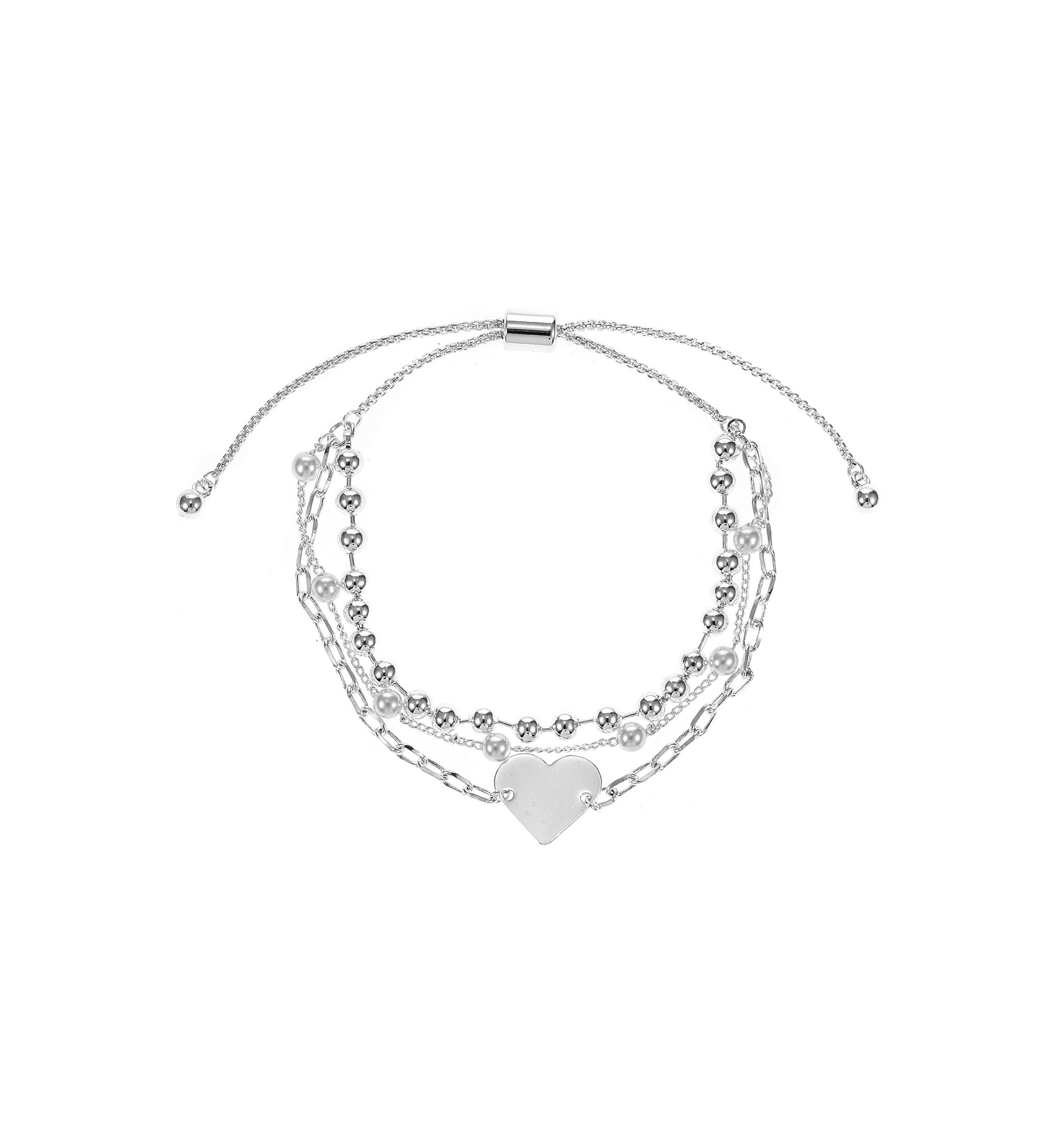 Silver Tone Imitation Pearl and Heart Charm Bracelet Trio Bracelet