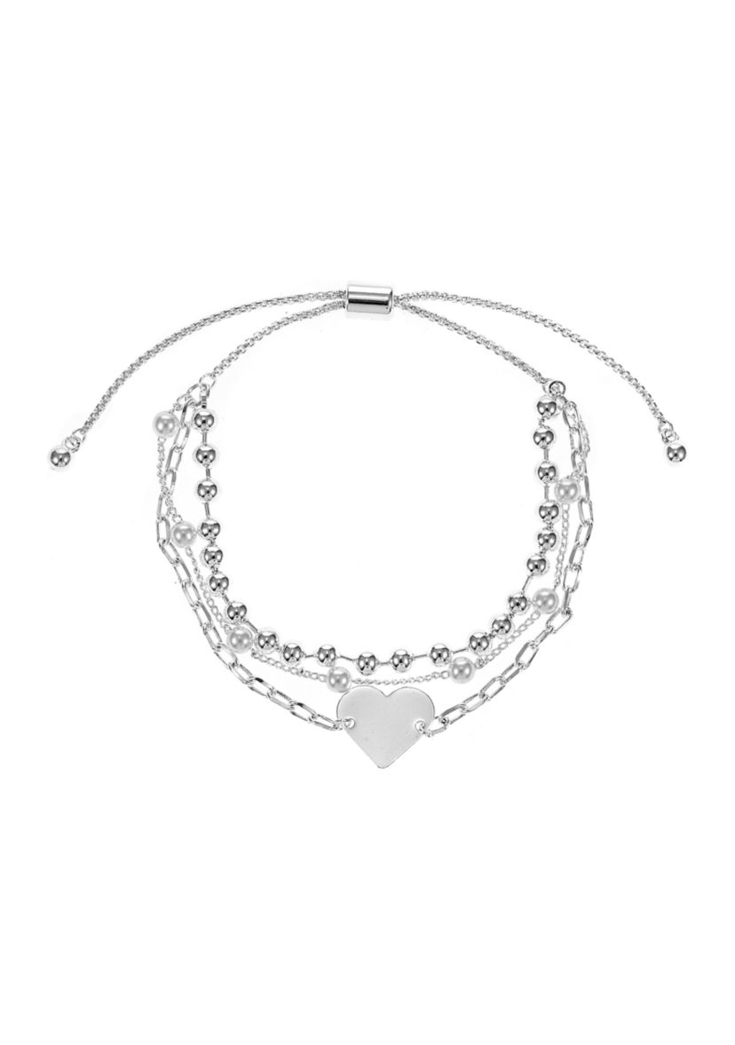Silver Tone Imitation Pearl and Heart Charm Bracelet Trio Bracelet
