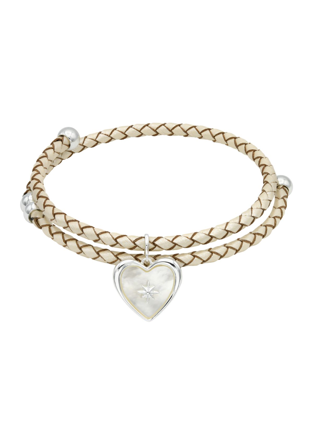 Lab Created Silver Tone Leather Coil MOP Heart Charm Bracelet