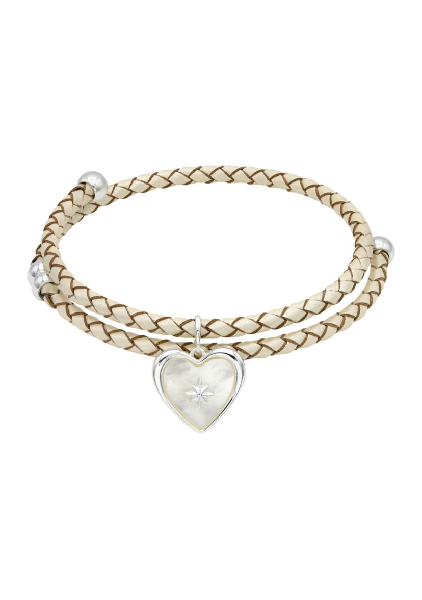 Lab Created Silver Tone Leather Coil MOP Heart Charm Bracelet