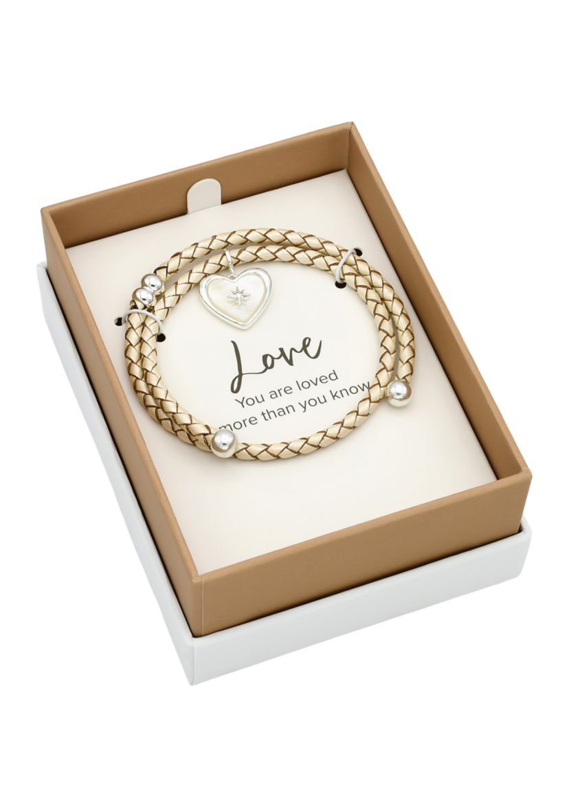 Lab Created Silver Tone Leather Coil MOP Heart Charm Bracelet