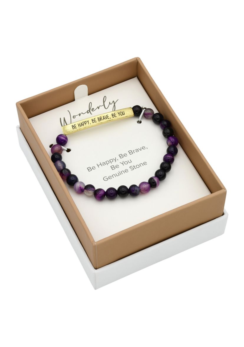 Gold Tone Amethyst Beaded Engraved Bar Bracelet