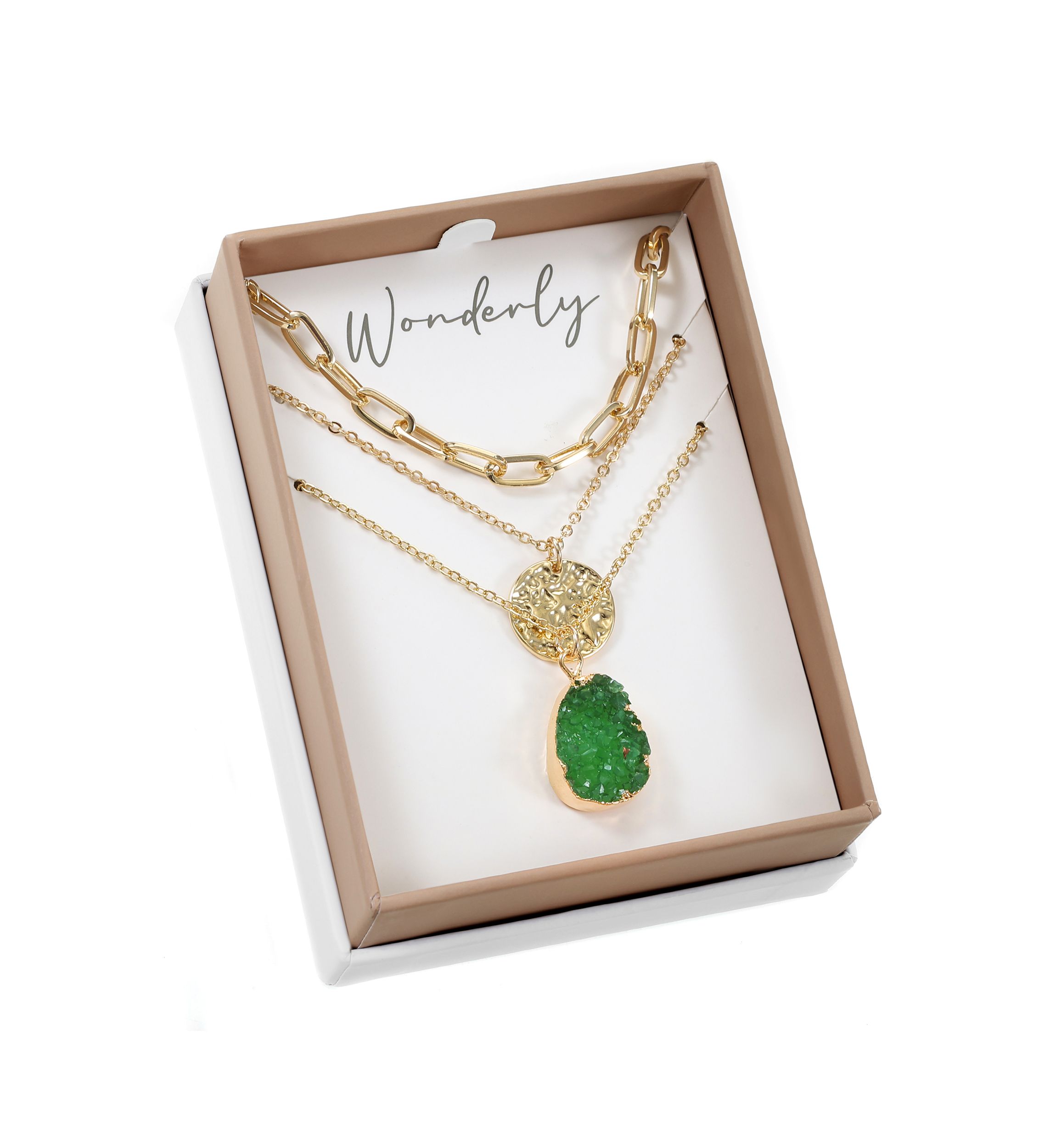 Gold Tone Green Quartz, Paperclip, Disc Trio Necklace Set