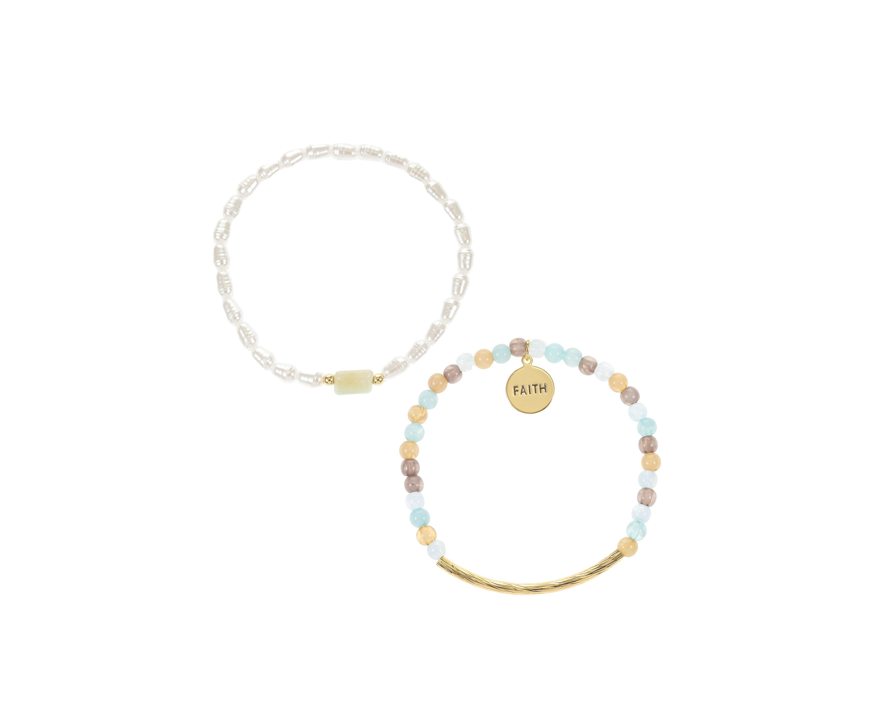 Gold Tone Green Multi Pearl Bead with Faith Charm Bracelet Duo Set