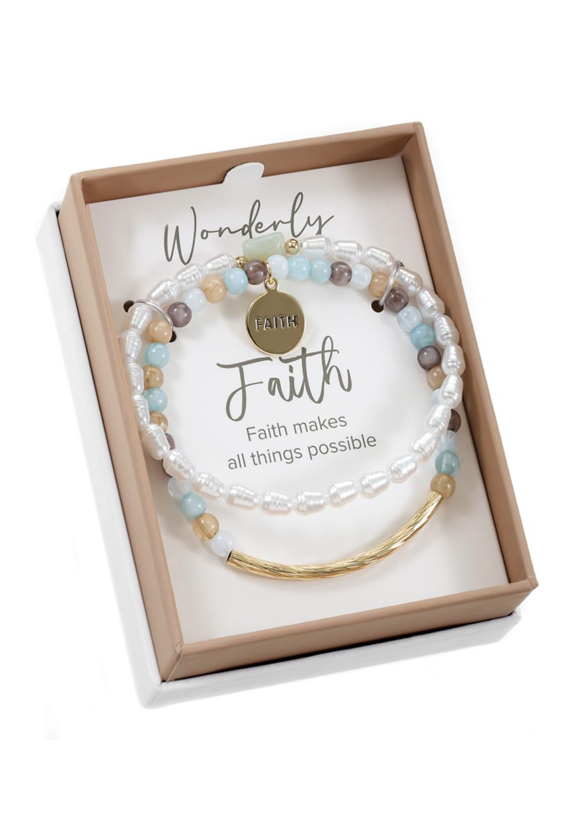 Gold Tone Green Multi Pearl Bead with Faith Charm Bracelet Duo Set
