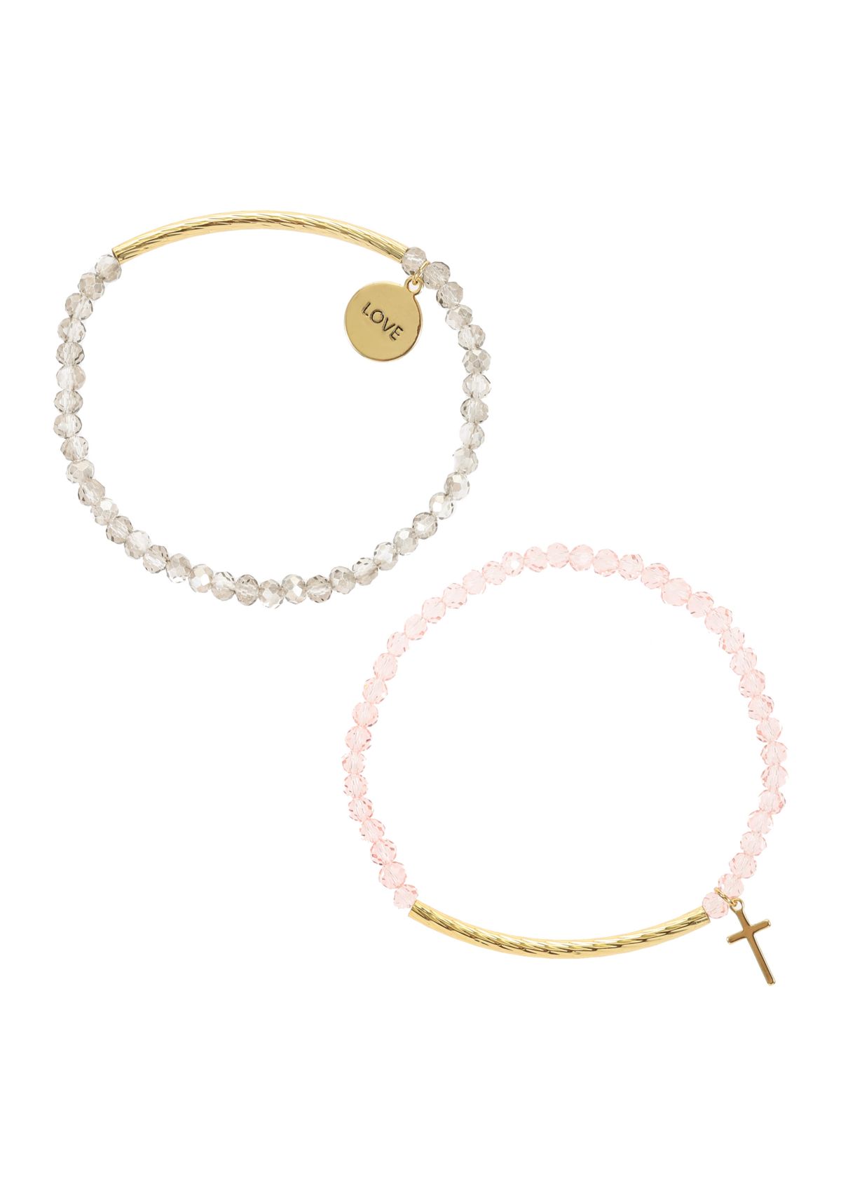 Gold Tone Grey Pink with Cross Charm Bracelet Duo Set