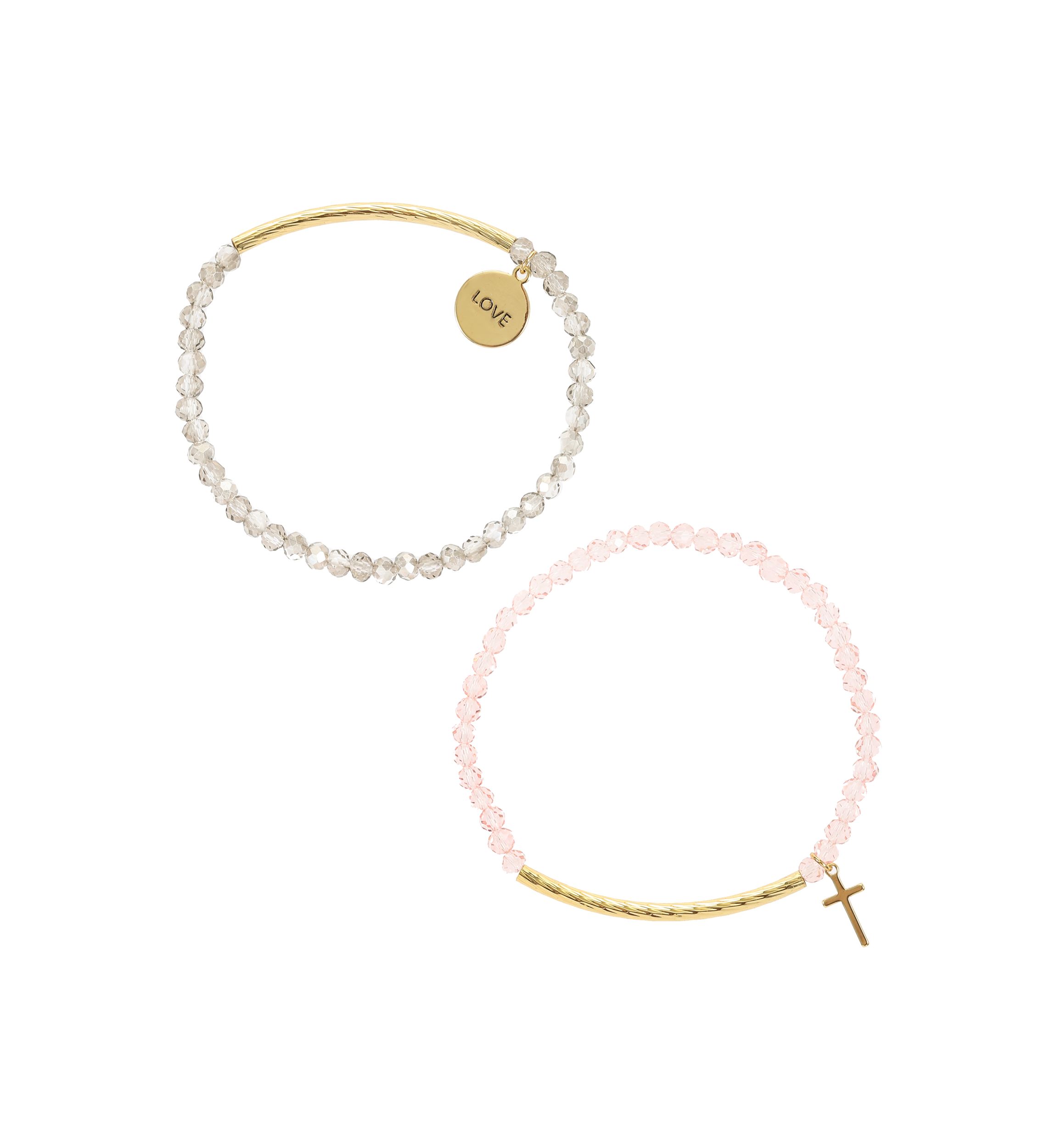 Gold Tone Grey Pink with Cross Charm Bracelet Duo Set