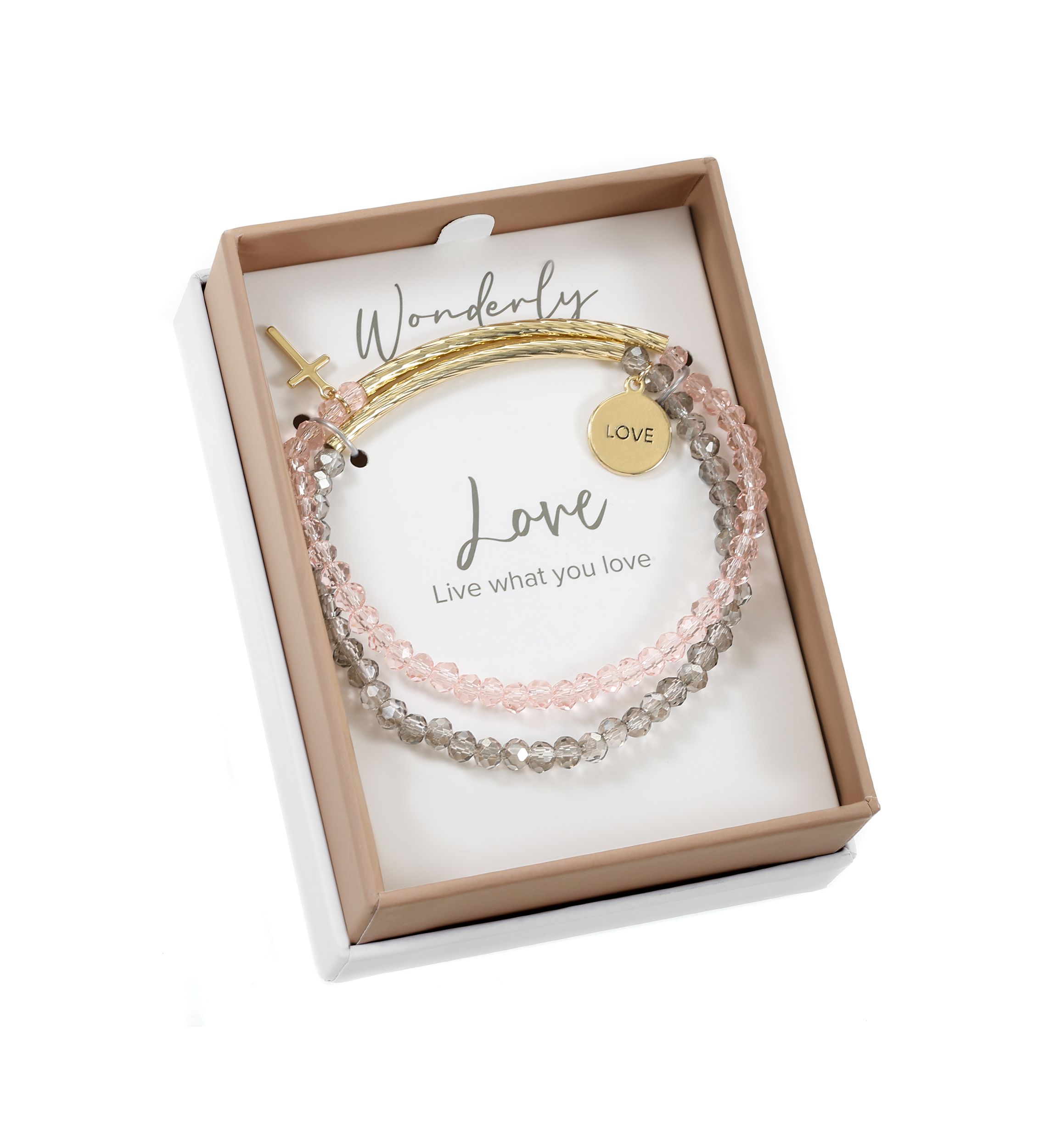 Gold Tone Grey Pink with Cross Charm Bracelet Duo Set