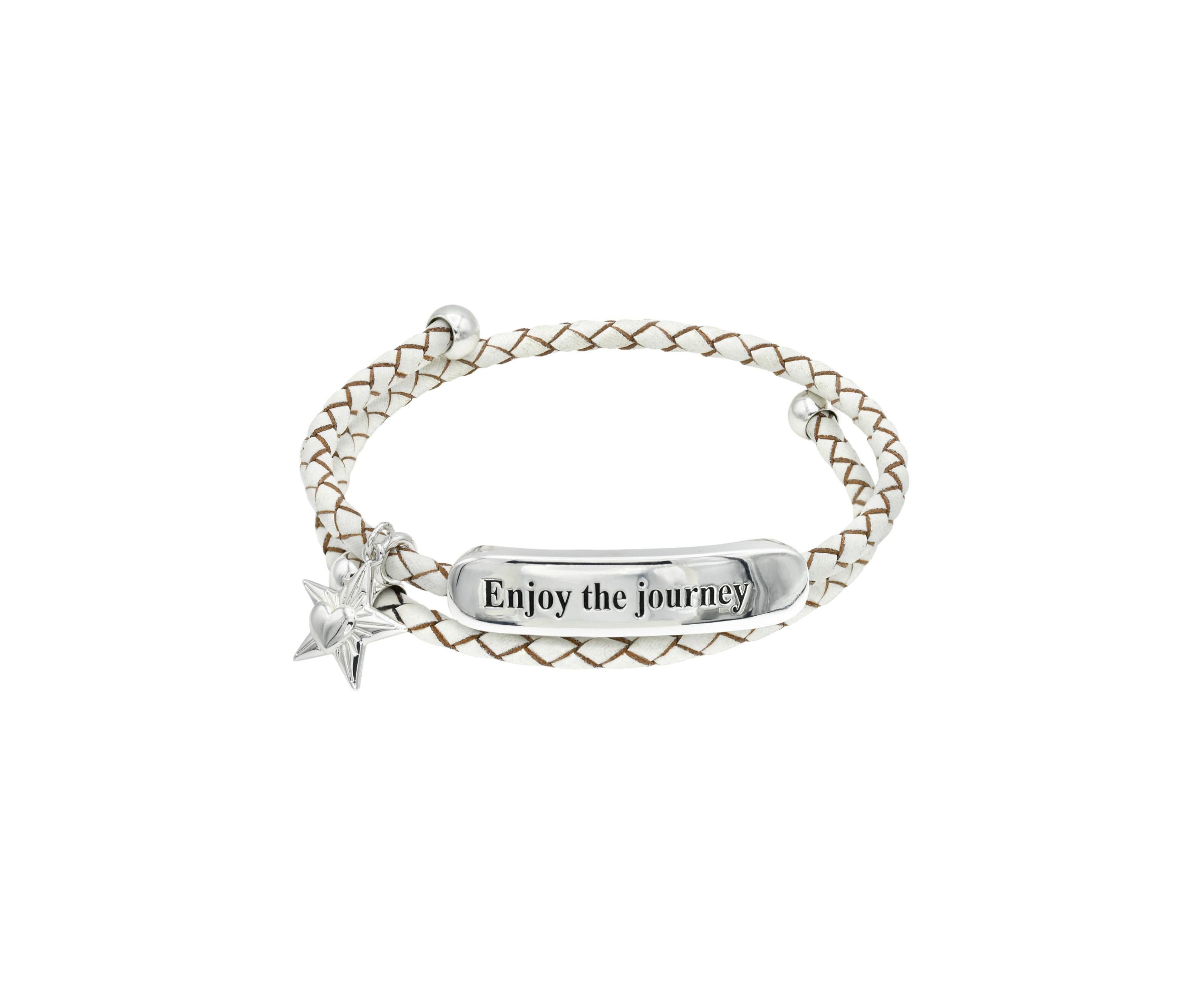 Silver Tone Gray Leather Engraved Bar Bracelet