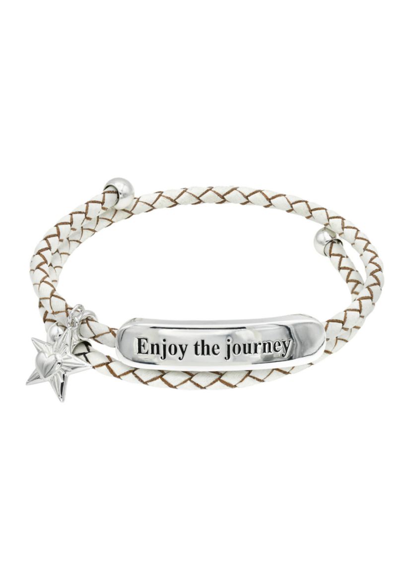 Silver Tone Gray Leather Engraved Bar Bracelet