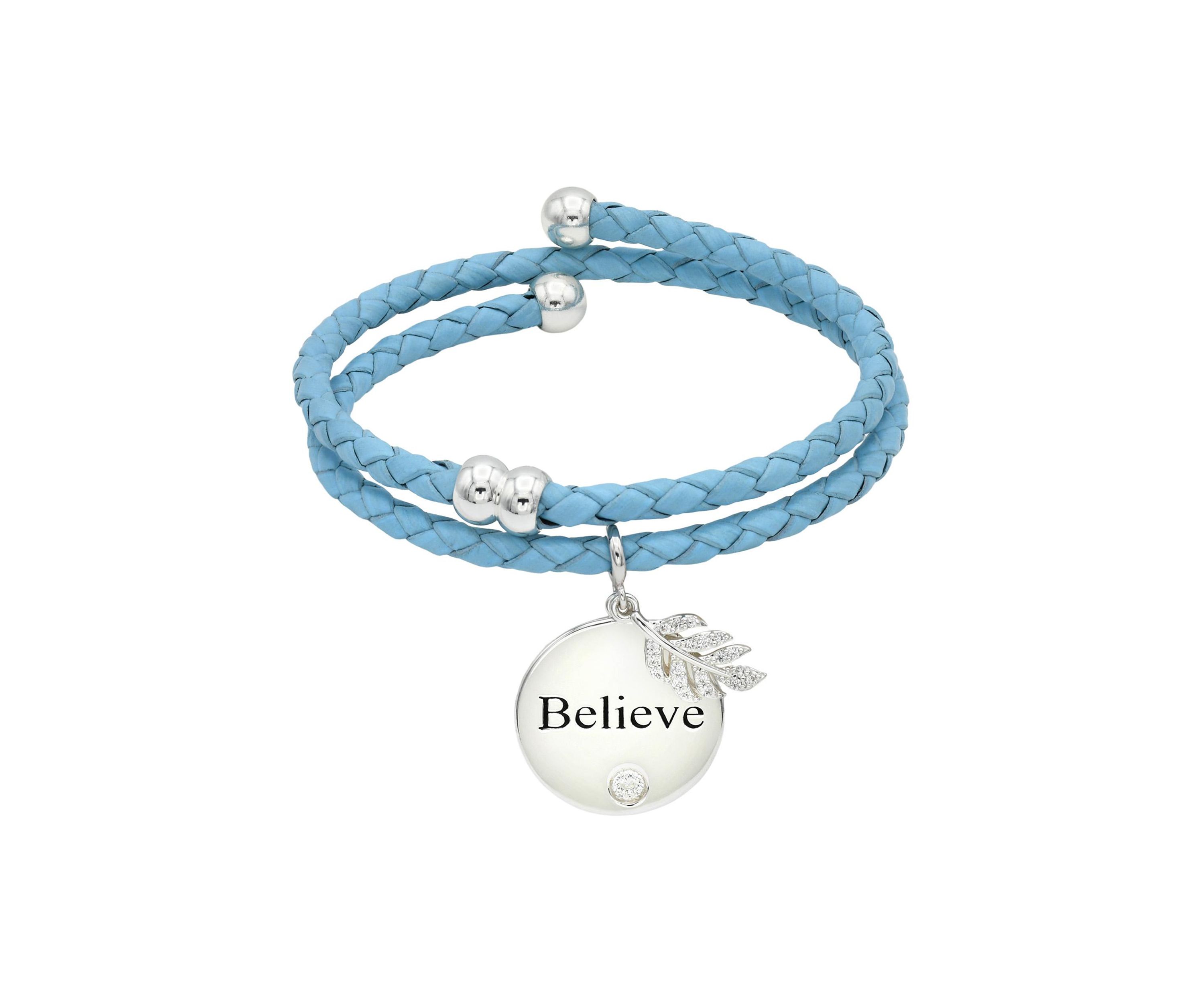 Silver Tone Teal Leather Coil Cubic Zirconia Leaf Charm Bracelet