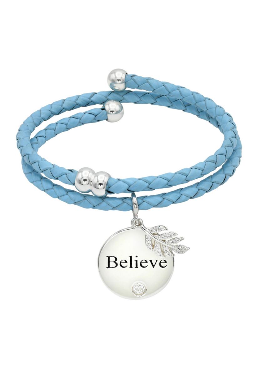 Silver Tone Teal Leather Coil Cubic Zirconia Leaf Charm Bracelet