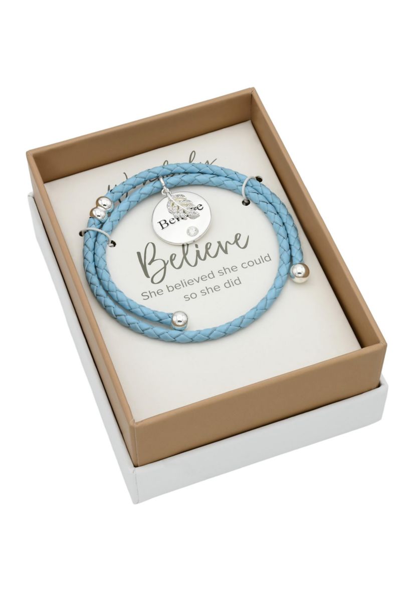 Silver Tone Teal Leather Coil Cubic Zirconia Leaf Charm Bracelet
