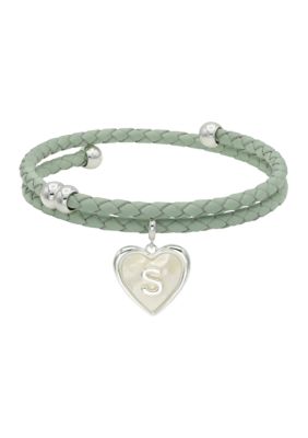 Wonderly Silver Tone Leather Wrap Mother of Pearl Initial Charm Bracelet, 8 in