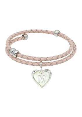 Wonderly Silver Tone Leather Wrap Mother of Pearl Initial Charm Bracelet, 8 in