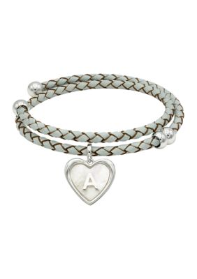 Wonderly Silver Tone Leather Wrap Mother of Pearl Initial Charm Bracelet