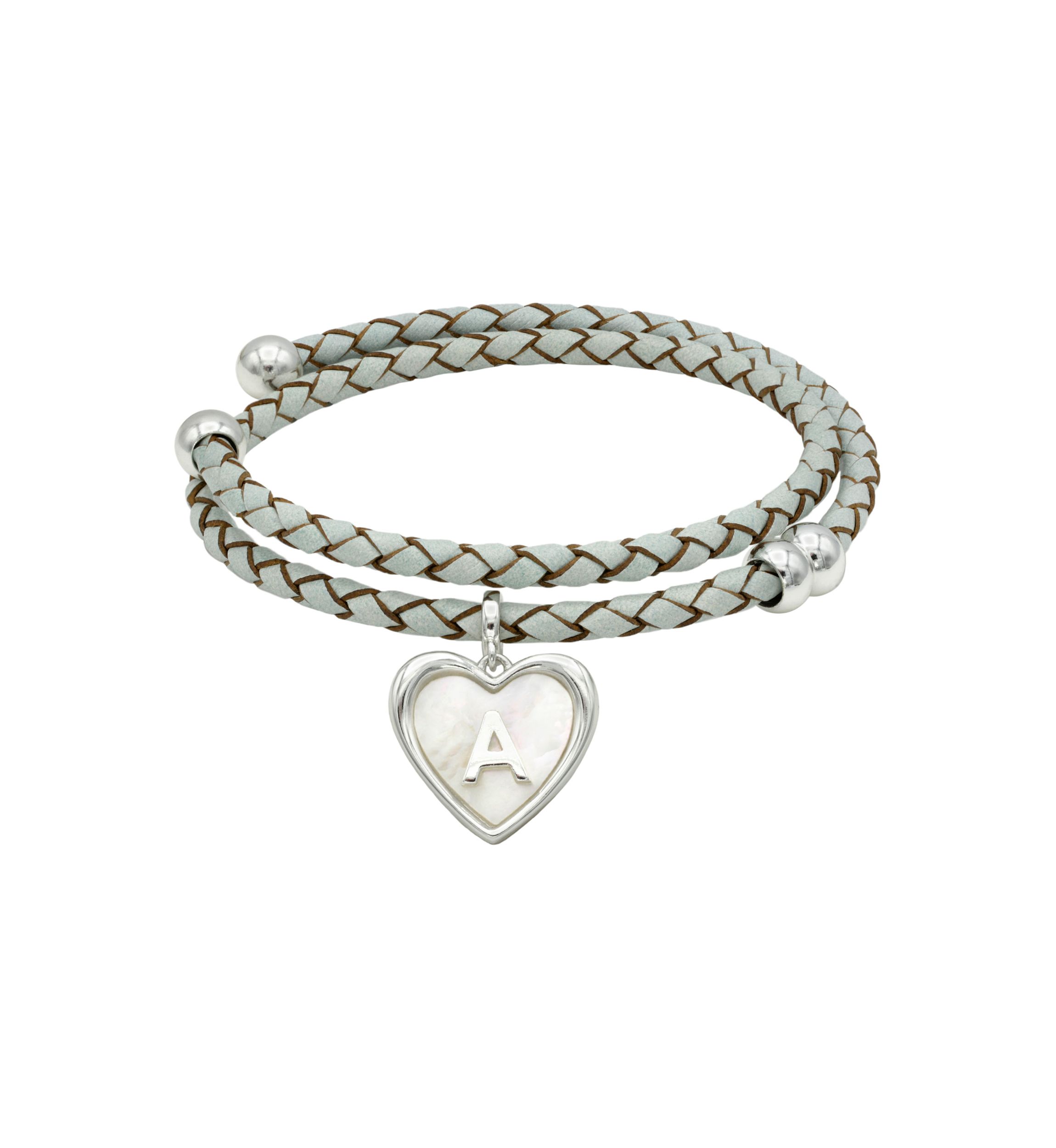 Lab Grown Silver Tone Leather Wrap Mother of Pearl Initial Charm Bracelet
