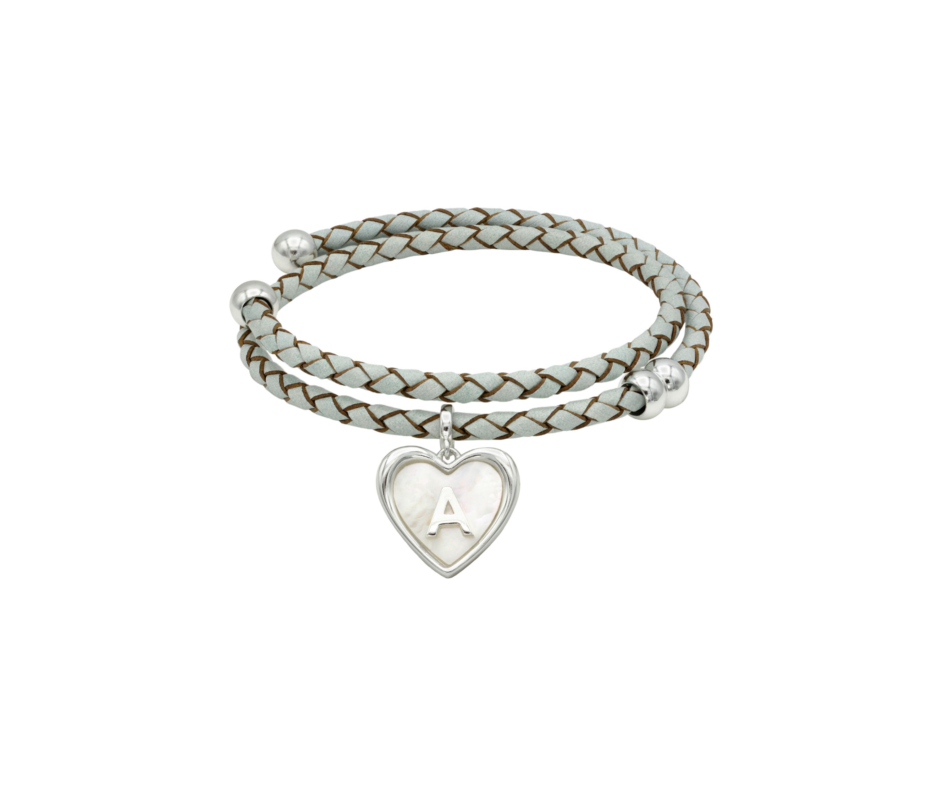 Lab Grown Silver Tone Leather Wrap Mother of Pearl Initial Charm Bracelet