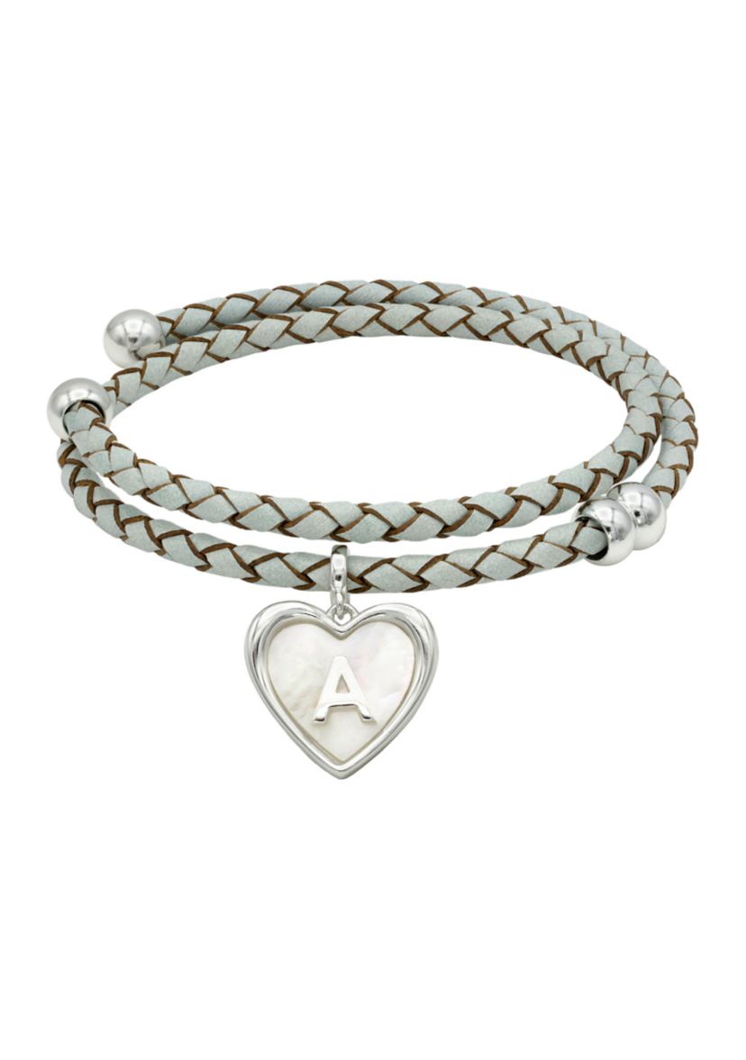 Lab Grown Silver Tone Leather Wrap Mother of Pearl Initial Charm Bracelet