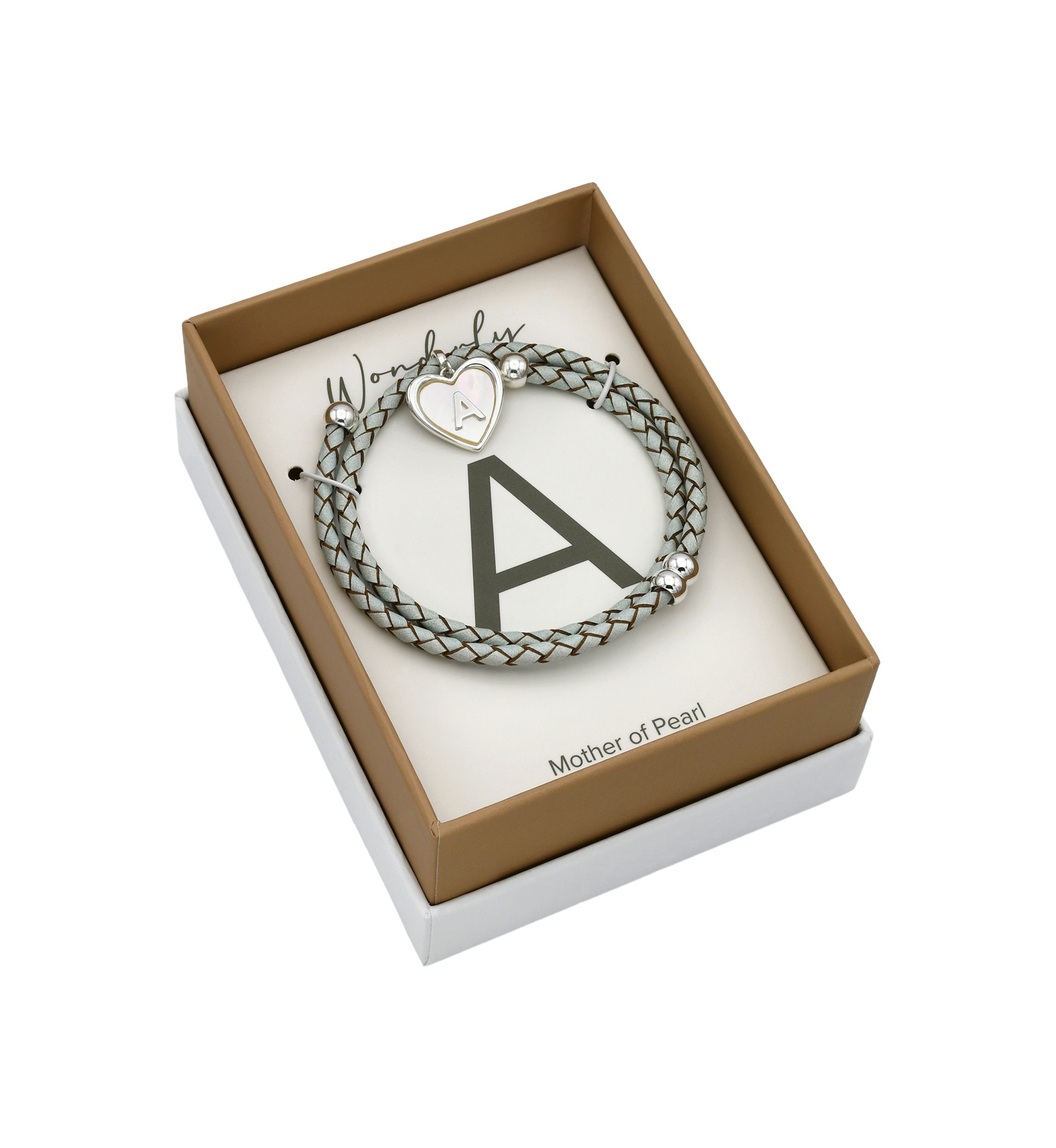 Lab Grown Silver Tone Leather Wrap Mother of Pearl Initial Charm Bracelet