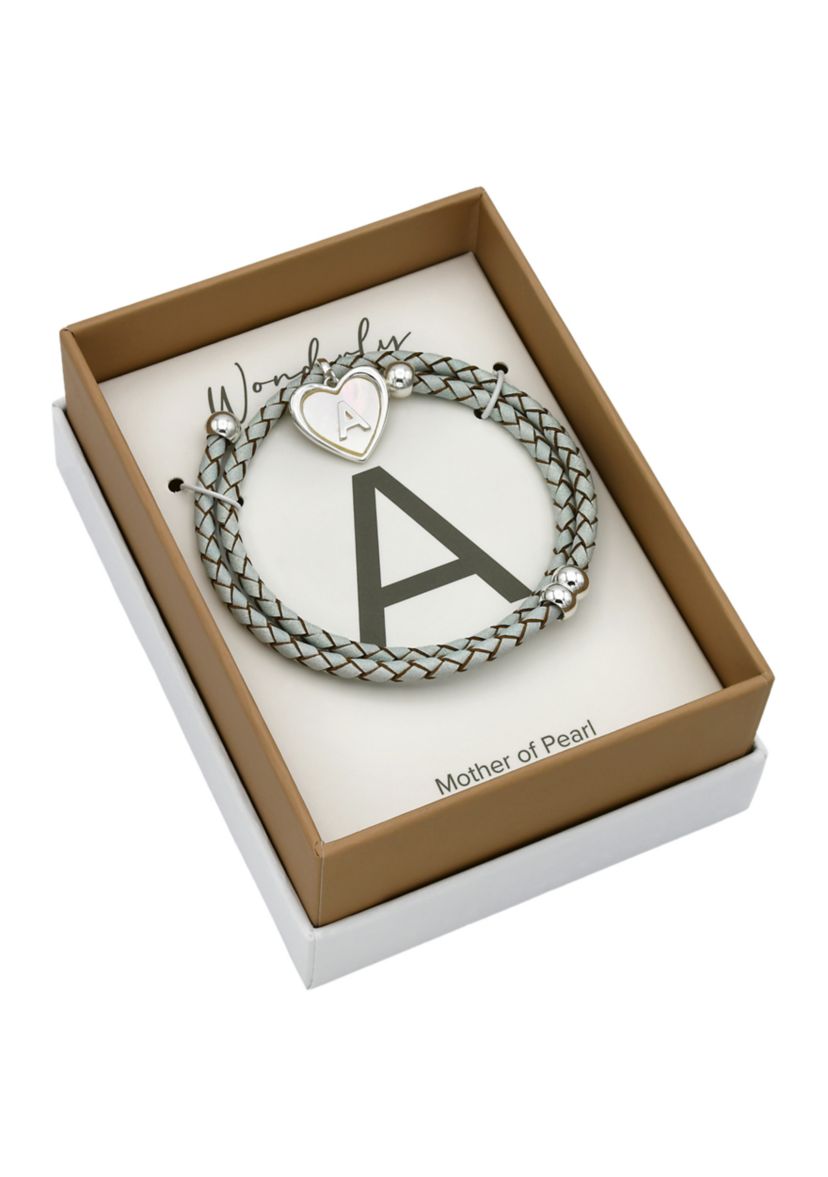 Lab Grown Silver Tone Leather Wrap Mother of Pearl Initial Charm Bracelet