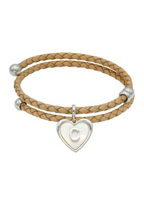 Wonderly Silver Tone Leather Wrap Mother of Pearl Initial Charm Bracelet, 8 in