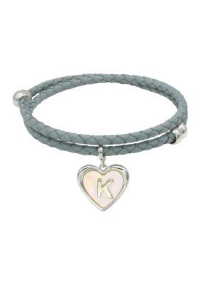 Wonderly Silver Tone Leather Wrap Mother of Pearl Initial Charm Bracelet, 8 in