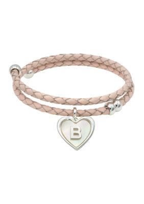 Wonderly Silver Tone Leather Wrap Mother of Pearl Initial Charm Bracelet, 8 in