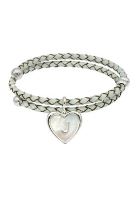 Wonderly Silver Tone Leather Wrap Mother of Pearl Initial Charm Bracelet, 8 in