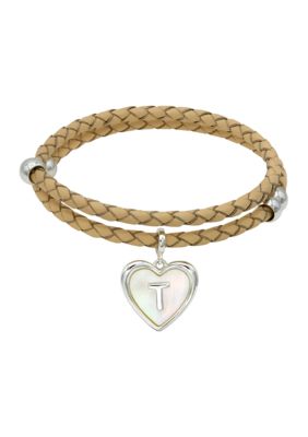 Wonderly Silver Tone Leather Wrap Mother of Pearl Initial Charm Bracelet, 8 in