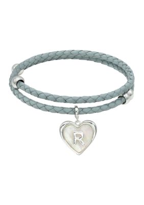 Wonderly Silver Tone Leather Wrap Mother of Pearl Initial Charm Bracelet, 8 in