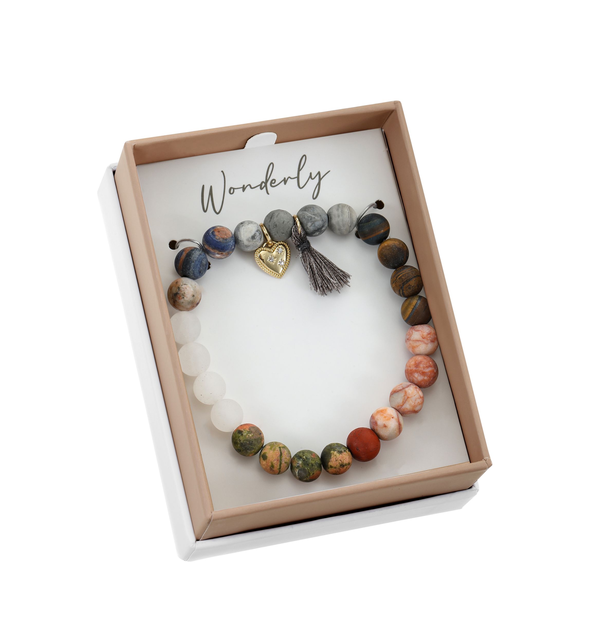  Multicolored Wooden Bead Bracelet with Heart Charm and Tassel 