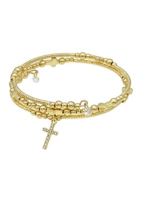 Wonderly Gold Tone Beaded Cross Bracelet set with Pave CZ Cross Charm