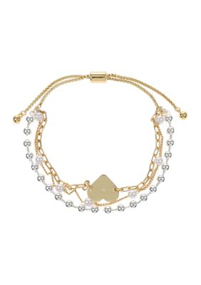 Wonderly Two Tone Silver and Pearl Beaded with Gold Heart Multi Strand Bracelet