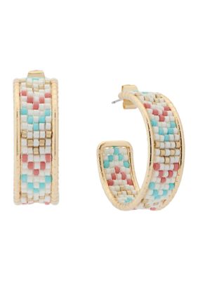 Gold Tone Multi Beaded Hoop Earrings