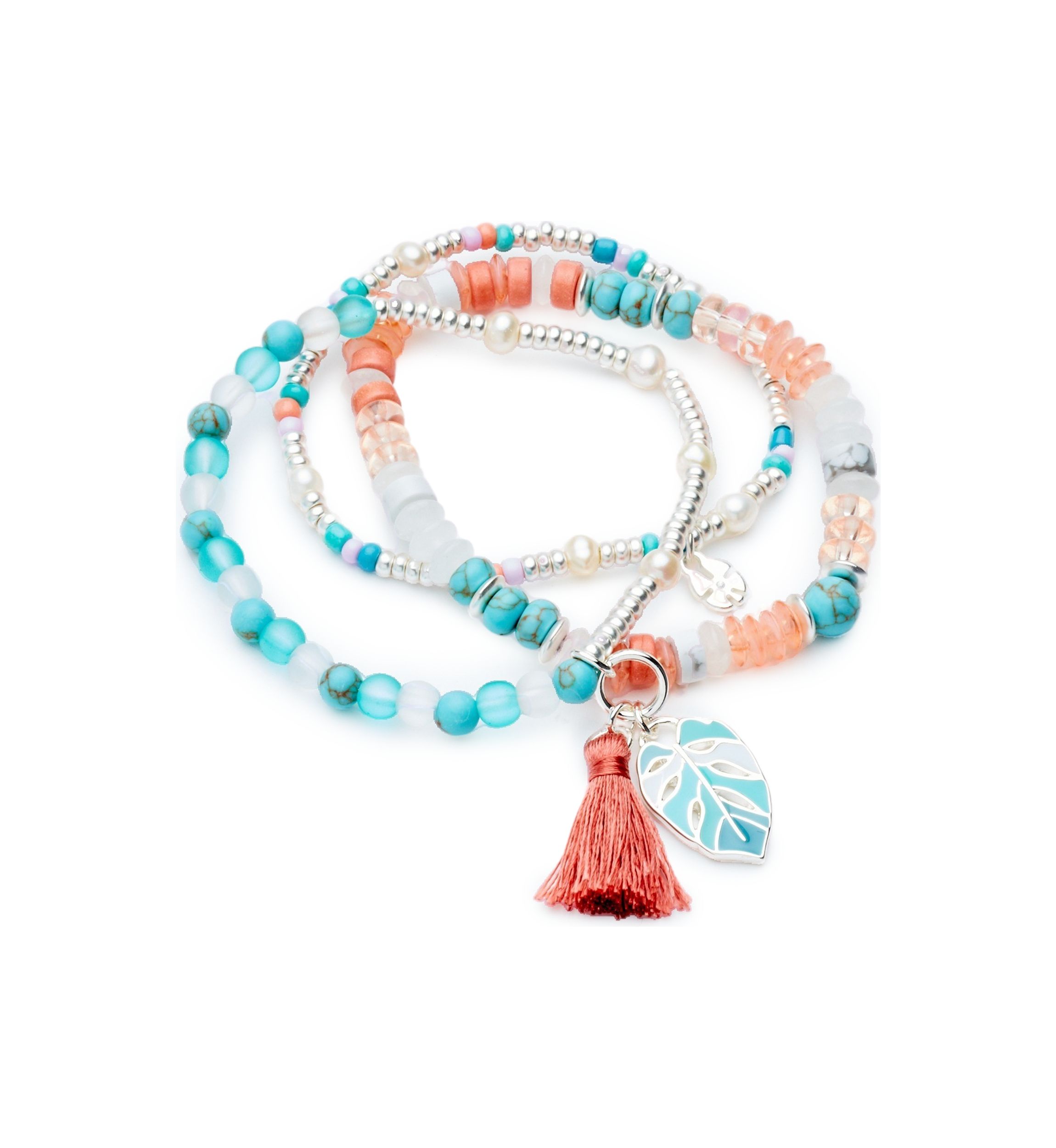 Silver Tone Multi Beaded Tassel Bracelet - Set of 3