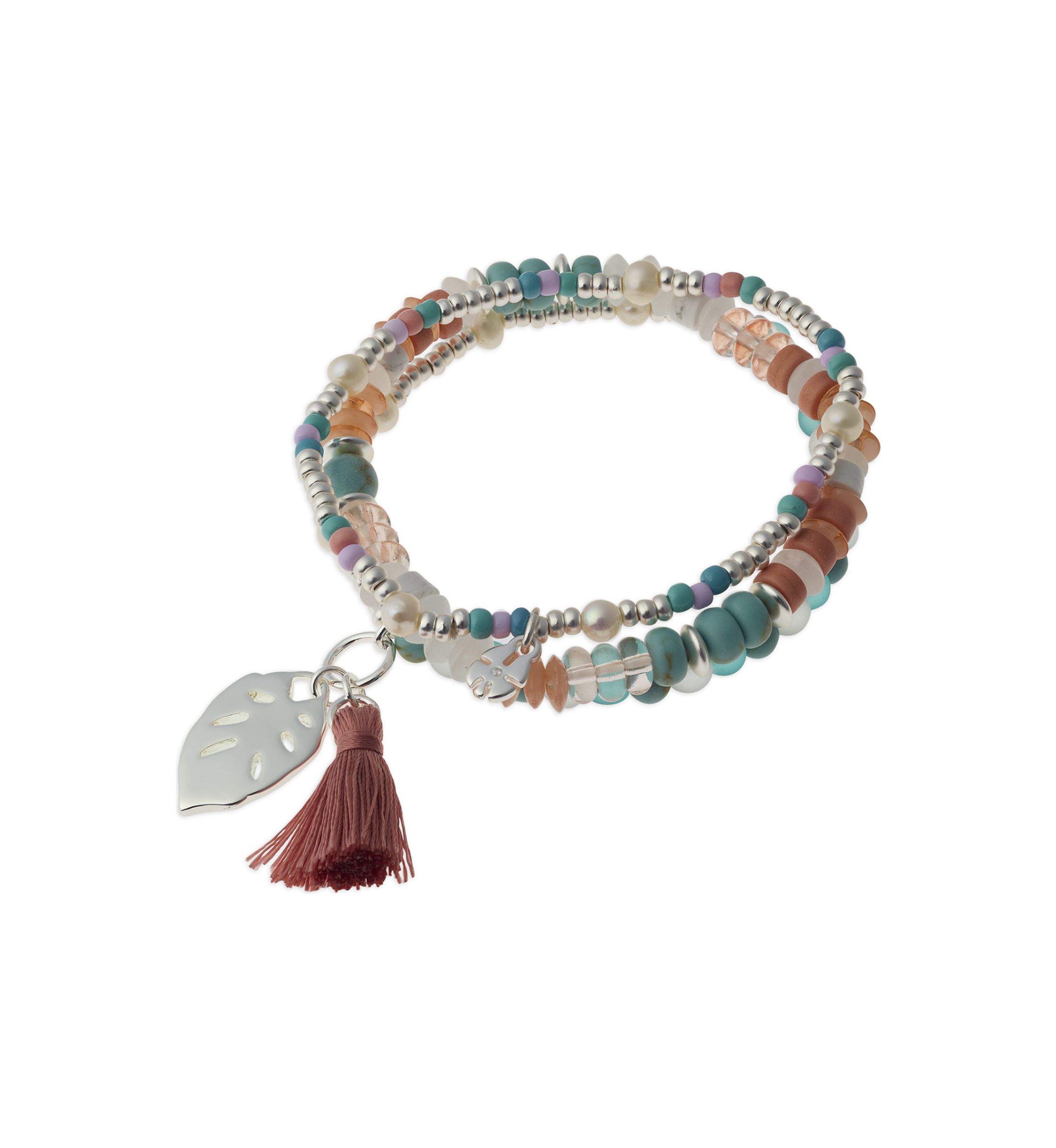 Silver Tone Multi Beaded Tassel Bracelet - Set of 3