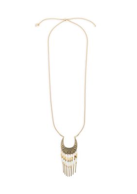 Lucky Brand Beaded Carved Pendant Necklace, Gold