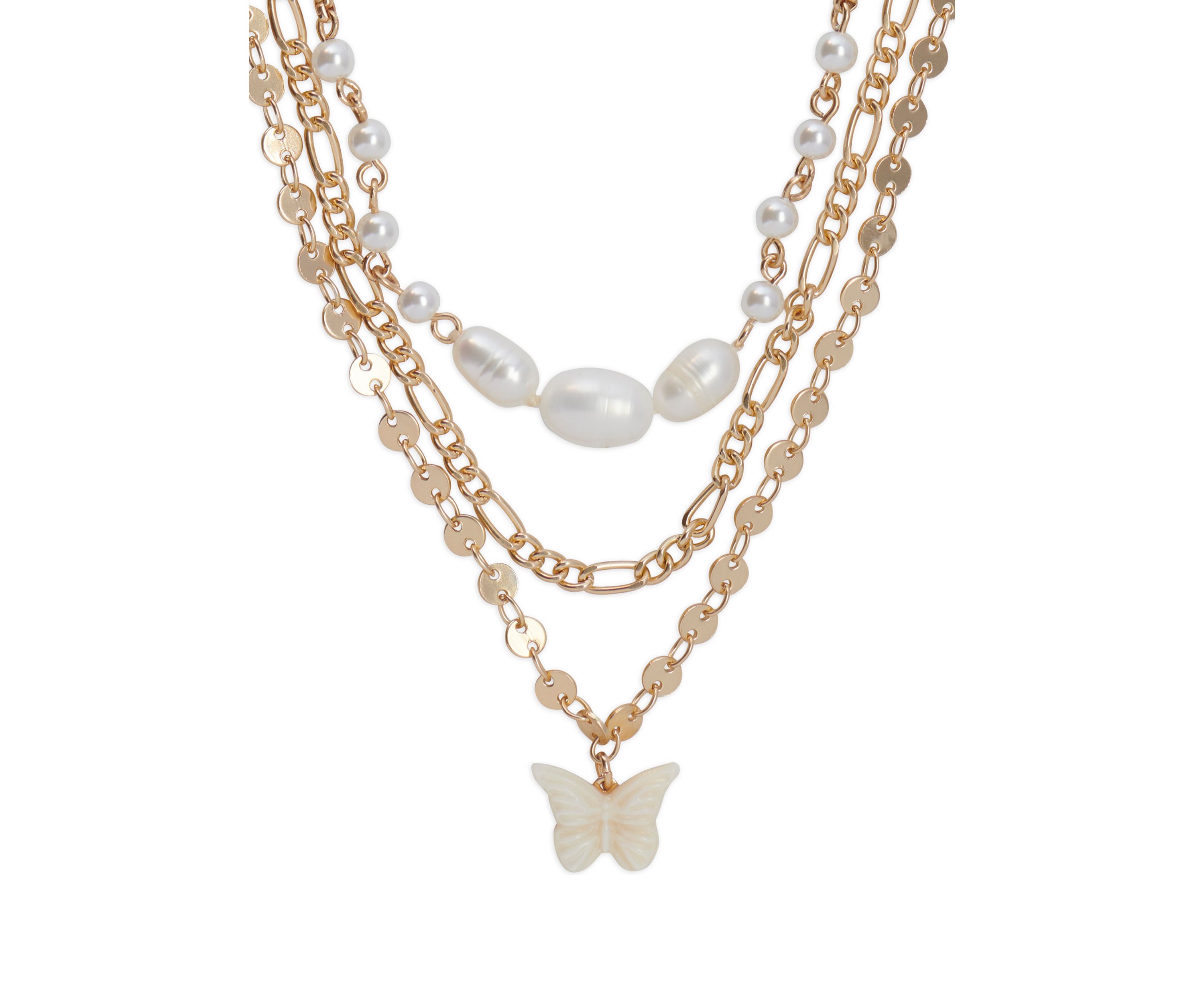 Pearl Layer Etched Butterfly Necklace