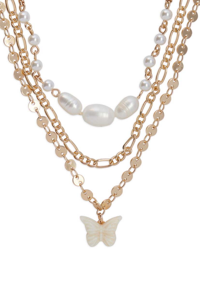 Pearl Layer Etched Butterfly Necklace