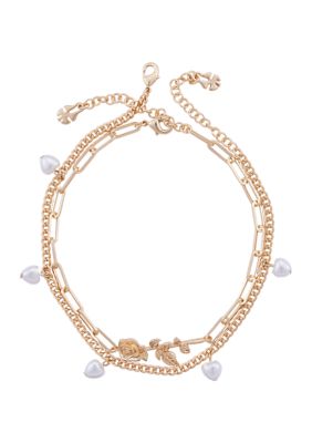 Gold Tone Flower and Pearl Chain Anklet Set