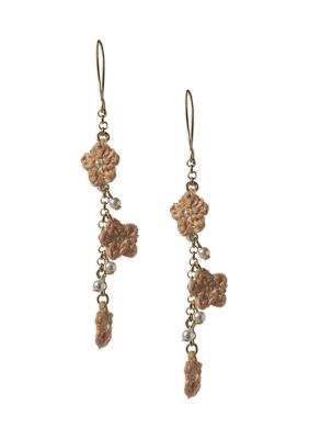 Gold Tone Peach Crochet Pearl Drop Earrings