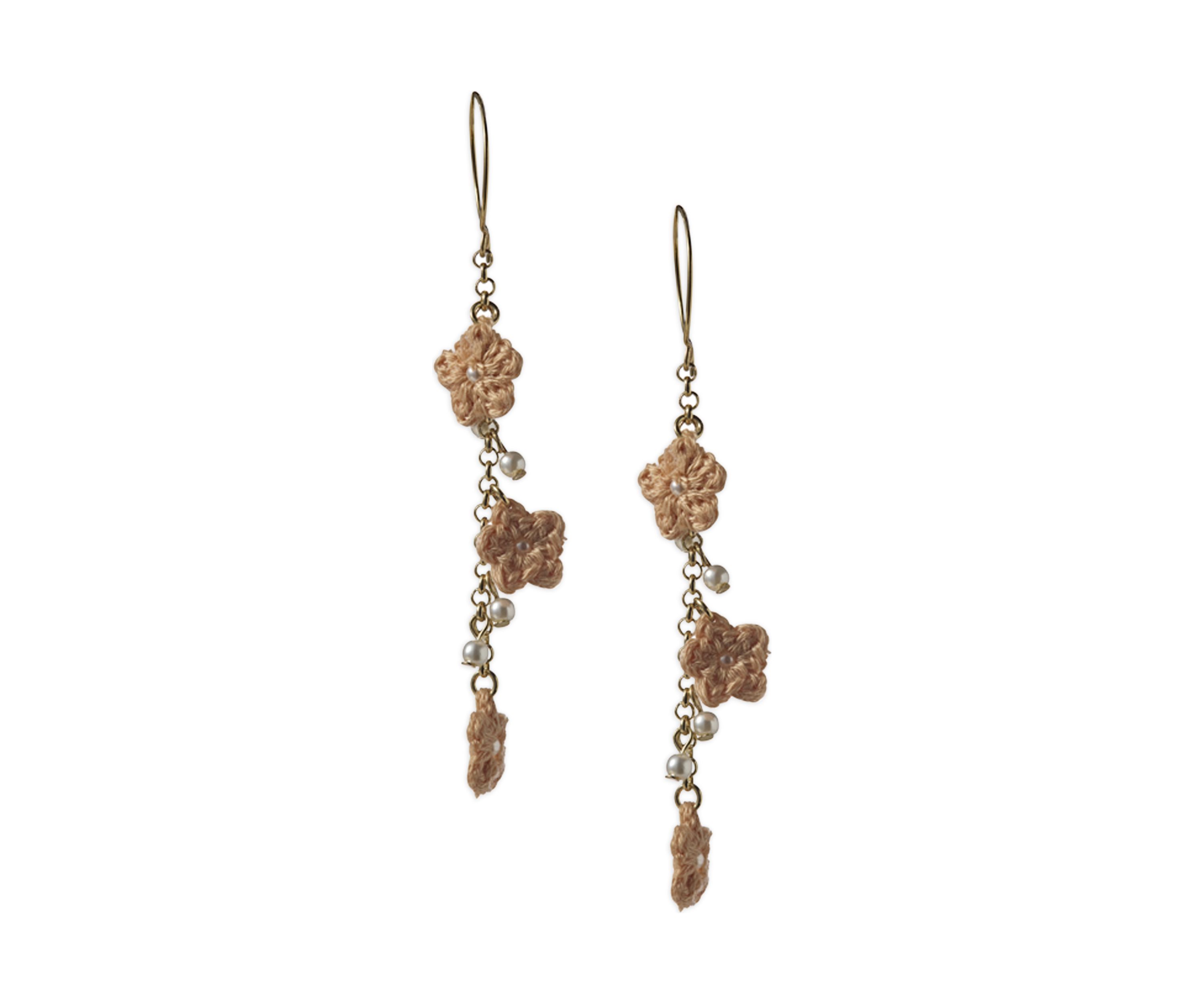 Gold Tone Peach Crochet Pearl Drop Earrings