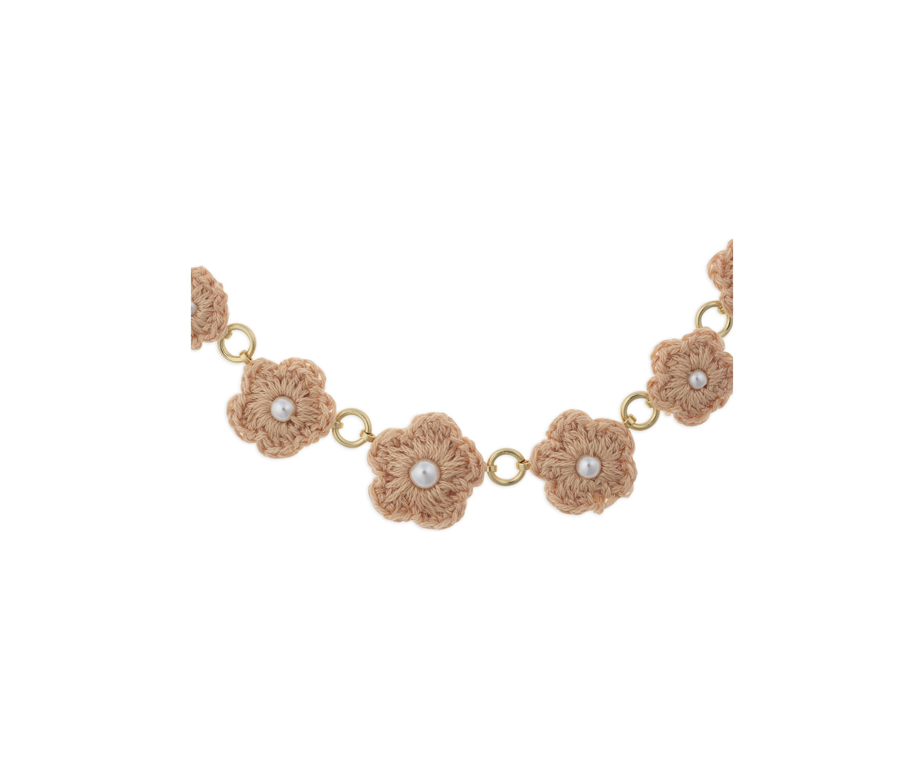 Gold Tone Peach Crochet Flower Pearl Necklace