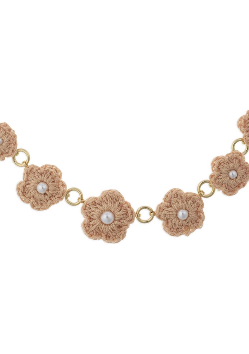 Gold Tone Peach Crochet Flower Pearl Necklace