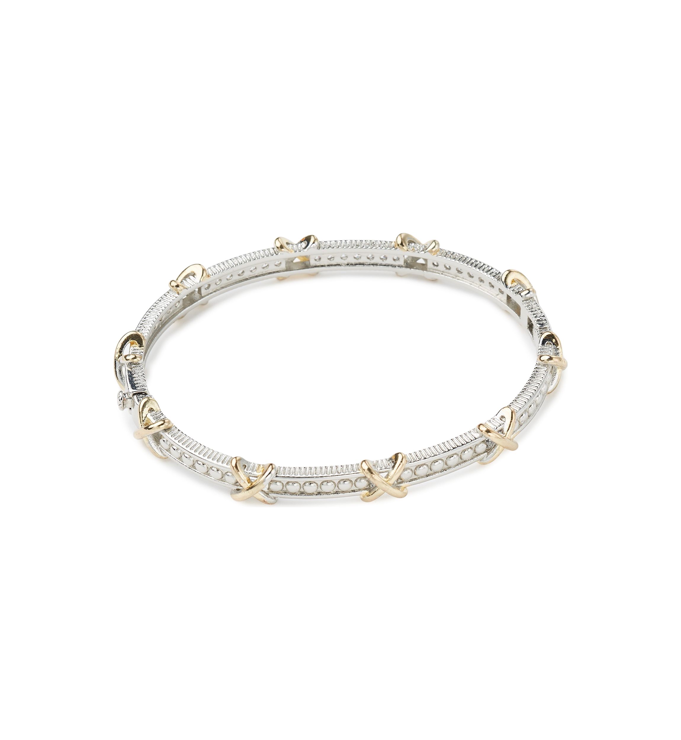 Two Tone Plated CZ X Bangle Bracelet