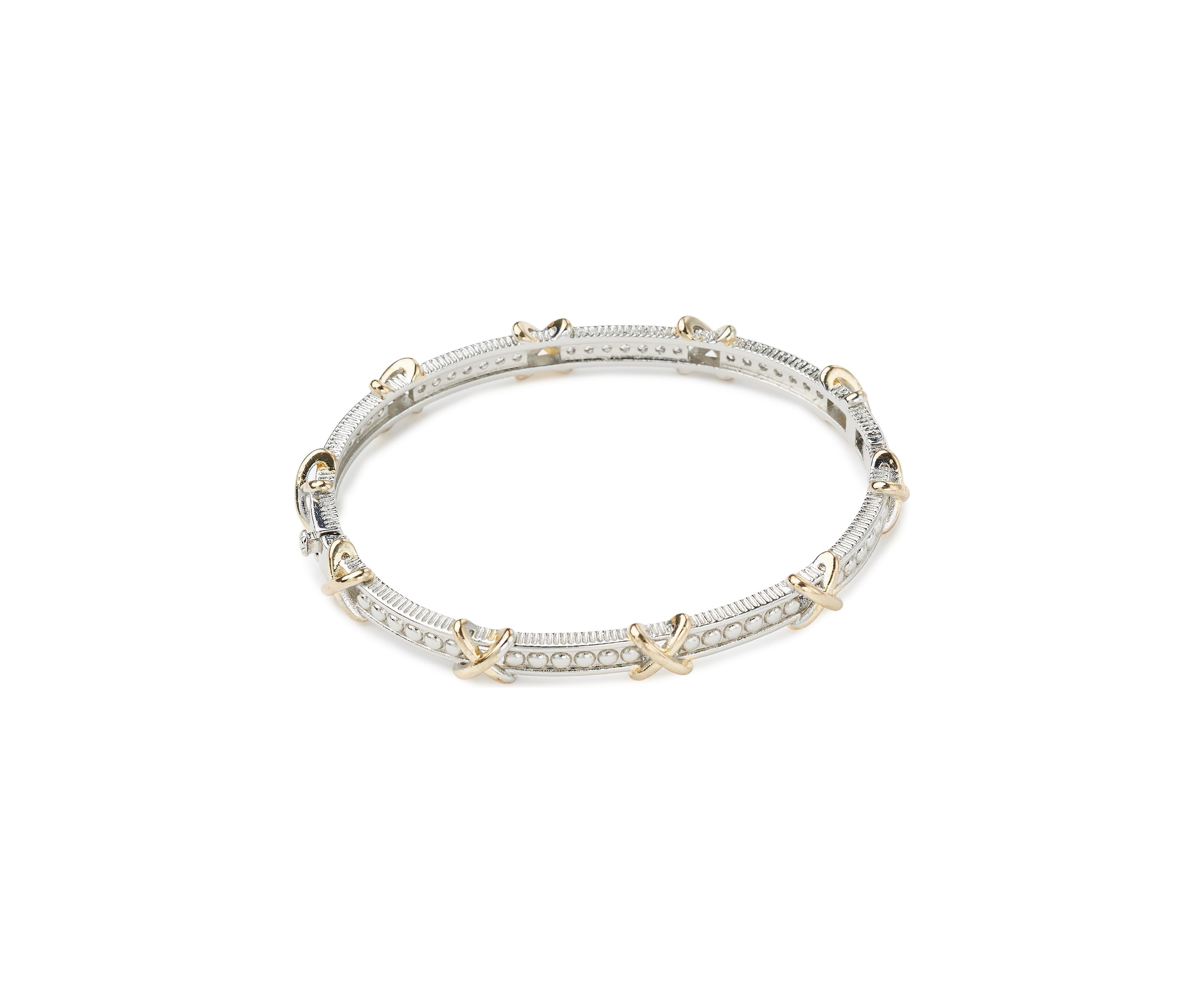 Two Tone Plated CZ X Bangle Bracelet