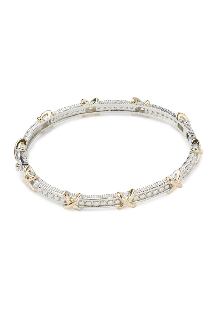 Two Tone Plated CZ X Bangle Bracelet